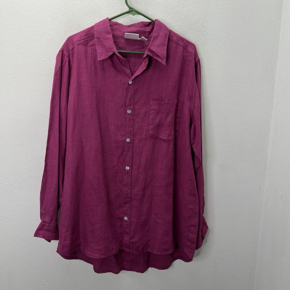 Chicos SZ 3 XL Magenta Pink 100% Linen Oversized Tunic Top Button Up Long Sleeve